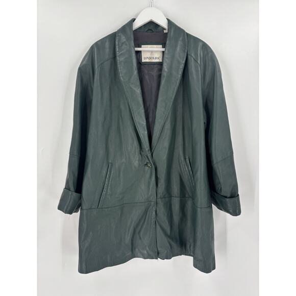 London Fog Vintage Leather Coat Womens Medium Green 90s Pocket Collar Mid Length - Picture 1 of 15
